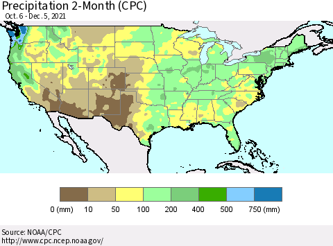 United States Precipitation 2-Month (CPC) Thematic Map For 10/6/2021 - 12/5/2021