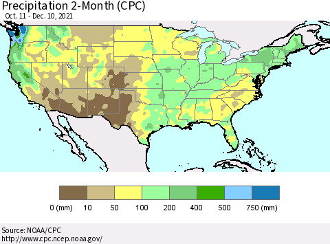 United States Precipitation 2-Month (CPC) Thematic Map For 10/11/2021 - 12/10/2021