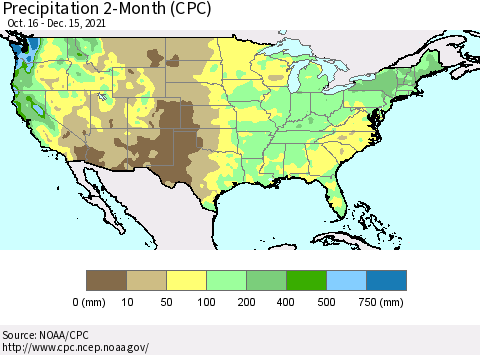 United States Precipitation 2-Month (CPC) Thematic Map For 10/16/2021 - 12/15/2021