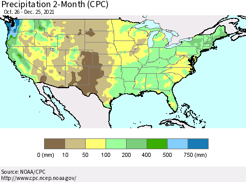 United States Precipitation 2-Month (CPC) Thematic Map For 10/26/2021 - 12/25/2021