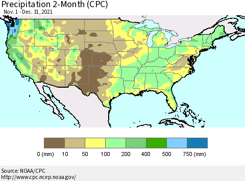 United States Precipitation 2-Month (CPC) Thematic Map For 11/1/2021 - 12/31/2021