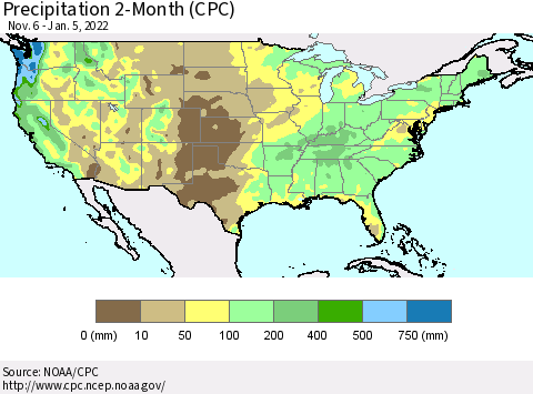 United States Precipitation 2-Month (CPC) Thematic Map For 11/6/2021 - 1/5/2022