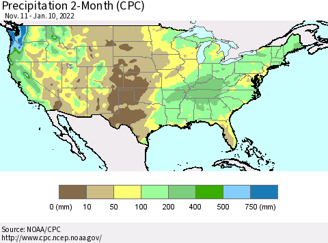 United States Precipitation 2-Month (CPC) Thematic Map For 11/11/2021 - 1/10/2022