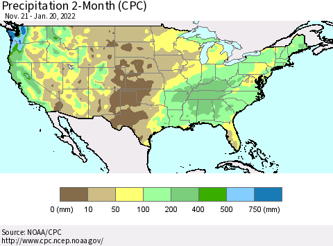 United States Precipitation 2-Month (CPC) Thematic Map For 11/21/2021 - 1/20/2022
