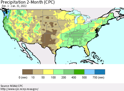 United States Precipitation 2-Month (CPC) Thematic Map For 12/1/2021 - 1/31/2022