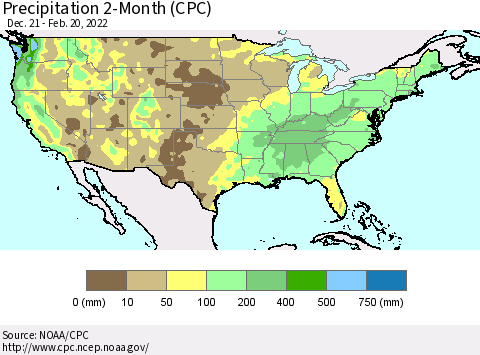 United States Precipitation 2-Month (CPC) Thematic Map For 12/21/2021 - 2/20/2022