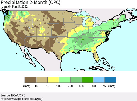 United States Precipitation 2-Month (CPC) Thematic Map For 1/6/2022 - 3/5/2022