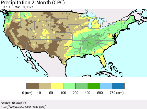 United States Precipitation 2-Month (CPC) Thematic Map For 1/11/2022 - 3/10/2022