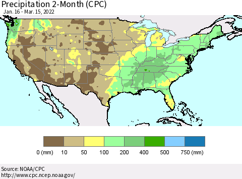 United States Precipitation 2-Month (CPC) Thematic Map For 1/16/2022 - 3/15/2022