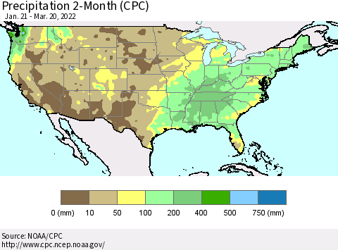 United States Precipitation 2-Month (CPC) Thematic Map For 1/21/2022 - 3/20/2022