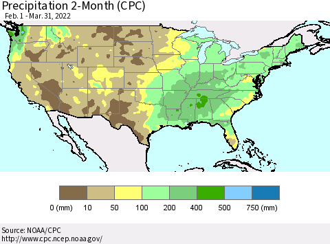 United States Precipitation 2-Month (CPC) Thematic Map For 2/1/2022 - 3/31/2022