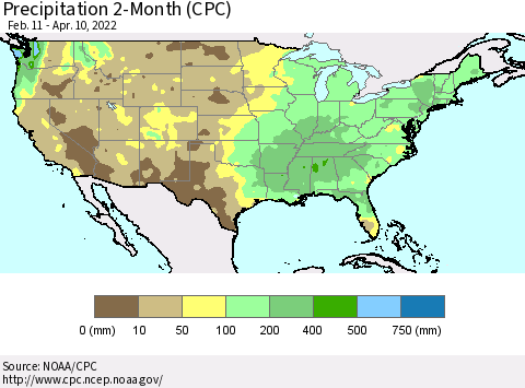 United States Precipitation 2-Month (CPC) Thematic Map For 2/11/2022 - 4/10/2022