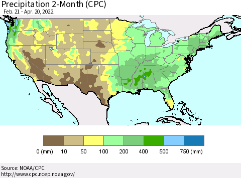 United States Precipitation 2-Month (CPC) Thematic Map For 2/21/2022 - 4/20/2022