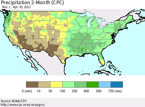 United States Precipitation 2-Month (CPC) Thematic Map For 3/1/2022 - 4/30/2022