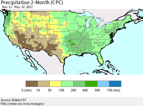 United States Precipitation 2-Month (CPC) Thematic Map For 3/11/2022 - 5/10/2022