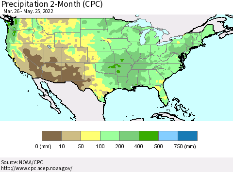 United States Precipitation 2-Month (CPC) Thematic Map For 3/26/2022 - 5/25/2022