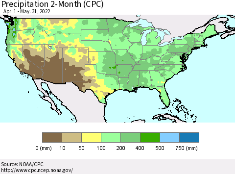 United States Precipitation 2-Month (CPC) Thematic Map For 4/1/2022 - 5/31/2022