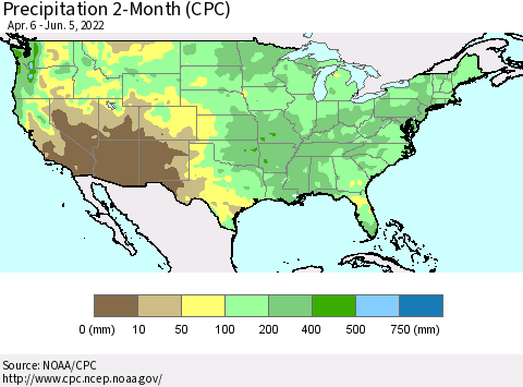 United States Precipitation 2-Month (CPC) Thematic Map For 4/6/2022 - 6/5/2022