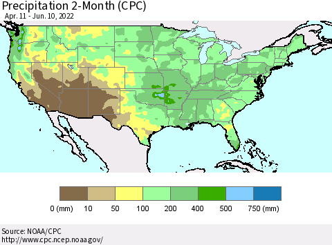 United States Precipitation 2-Month (CPC) Thematic Map For 4/11/2022 - 6/10/2022