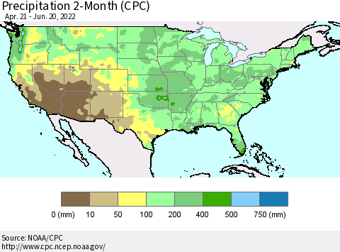 United States Precipitation 2-Month (CPC) Thematic Map For 4/21/2022 - 6/20/2022