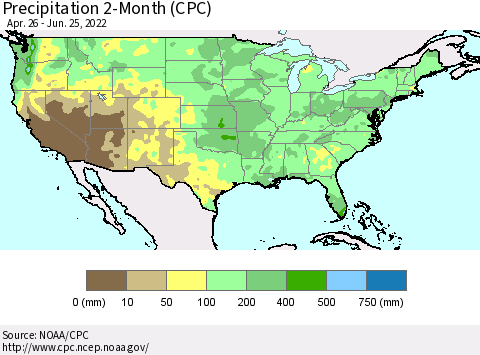 United States Precipitation 2-Month (CPC) Thematic Map For 4/26/2022 - 6/25/2022