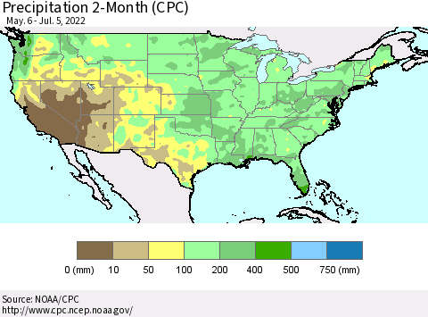 United States Precipitation 2-Month (CPC) Thematic Map For 5/6/2022 - 7/5/2022