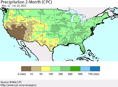 United States Precipitation 2-Month (CPC) Thematic Map For 5/11/2022 - 7/10/2022