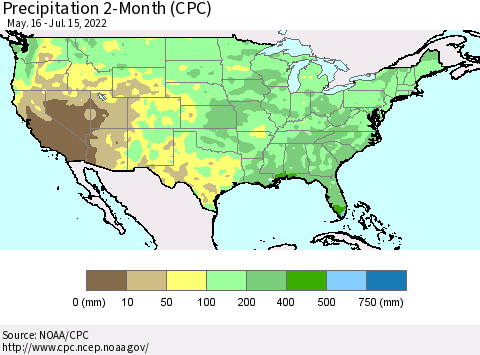 United States Precipitation 2-Month (CPC) Thematic Map For 5/16/2022 - 7/15/2022