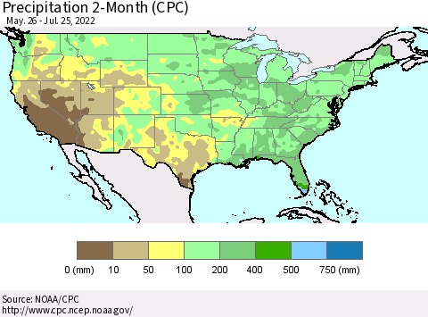 United States Precipitation 2-Month (CPC) Thematic Map For 5/26/2022 - 7/25/2022