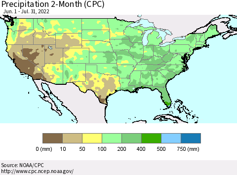United States Precipitation 2-Month (CPC) Thematic Map For 6/1/2022 - 7/31/2022