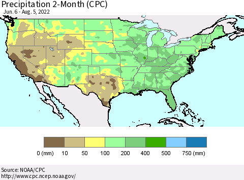 United States Precipitation 2-Month (CPC) Thematic Map For 6/6/2022 - 8/5/2022