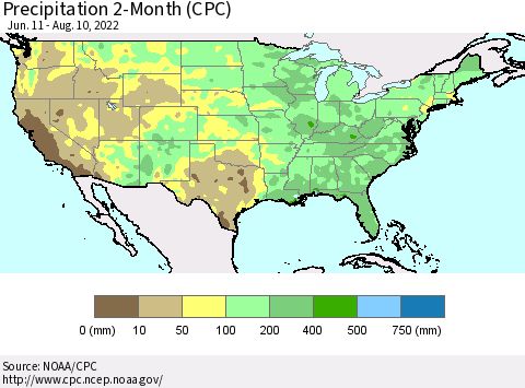 United States Precipitation 2-Month (CPC) Thematic Map For 6/11/2022 - 8/10/2022