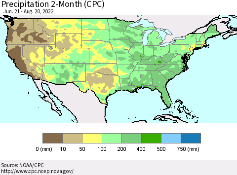 United States Precipitation 2-Month (CPC) Thematic Map For 6/21/2022 - 8/20/2022
