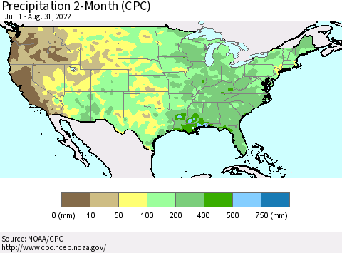 United States Precipitation 2-Month (CPC) Thematic Map For 7/1/2022 - 8/31/2022
