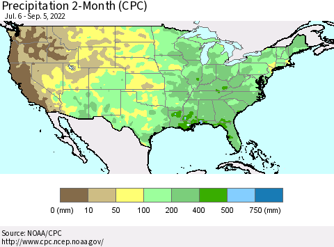 United States Precipitation 2-Month (CPC) Thematic Map For 7/6/2022 - 9/5/2022