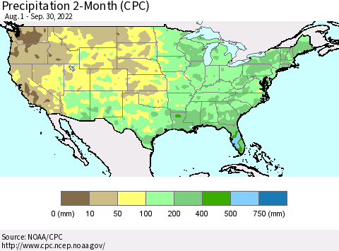United States Precipitation 2-Month (CPC) Thematic Map For 8/1/2022 - 9/30/2022