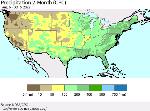 United States Precipitation 2-Month (CPC) Thematic Map For 8/6/2022 - 10/5/2022
