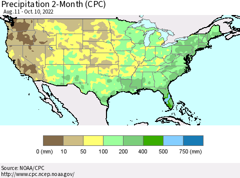 United States Precipitation 2-Month (CPC) Thematic Map For 8/11/2022 - 10/10/2022