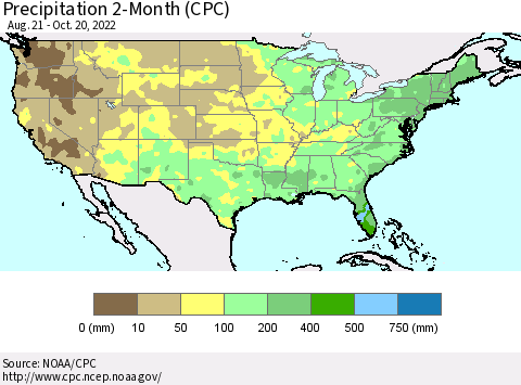 United States Precipitation 2-Month (CPC) Thematic Map For 8/21/2022 - 10/20/2022