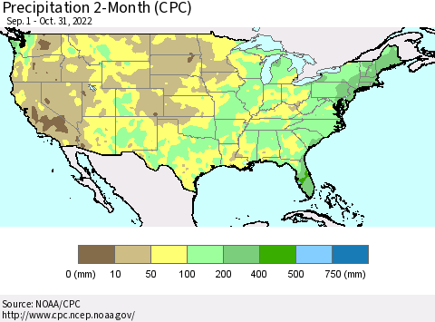 United States Precipitation 2-Month (CPC) Thematic Map For 9/1/2022 - 10/31/2022