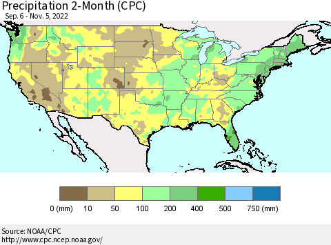 United States Precipitation 2-Month (CPC) Thematic Map For 9/6/2022 - 11/5/2022