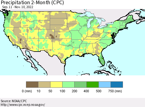 United States Precipitation 2-Month (CPC) Thematic Map For 9/11/2022 - 11/10/2022