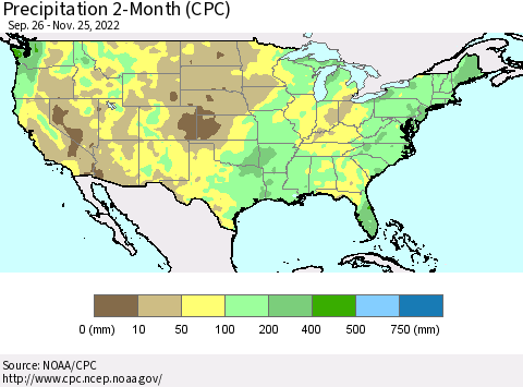 United States Precipitation 2-Month (CPC) Thematic Map For 9/26/2022 - 11/25/2022