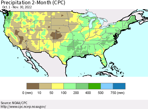United States Precipitation 2-Month (CPC) Thematic Map For 10/1/2022 - 11/30/2022