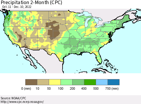 United States Precipitation 2-Month (CPC) Thematic Map For 10/11/2022 - 12/10/2022