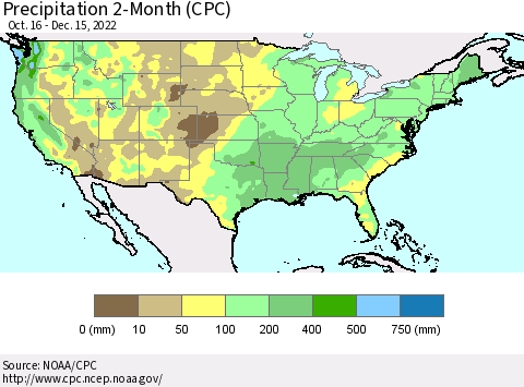 United States Precipitation 2-Month (CPC) Thematic Map For 10/16/2022 - 12/15/2022
