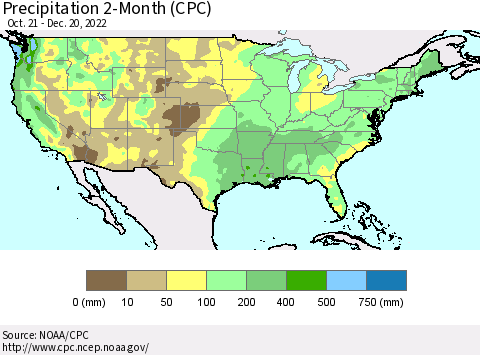 United States Precipitation 2-Month (CPC) Thematic Map For 10/21/2022 - 12/20/2022