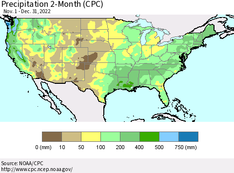 United States Precipitation 2-Month (CPC) Thematic Map For 11/1/2022 - 12/31/2022