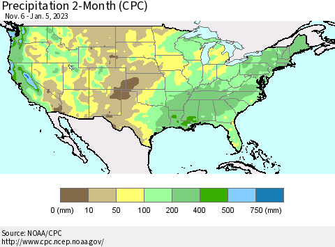 United States Precipitation 2-Month (CPC) Thematic Map For 11/6/2022 - 1/5/2023