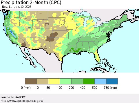 United States Precipitation 2-Month (CPC) Thematic Map For 11/11/2022 - 1/10/2023